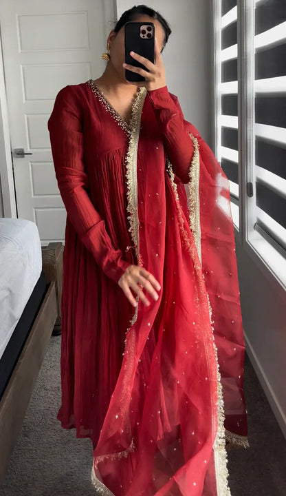 Mul Cotton Hand Work Anarkali with Churi Sleeves Set of 3